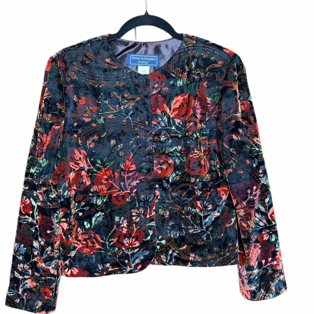 Norton McNaughton vintage whimsy Goth black floral crushed velvet blazer-SZ 10